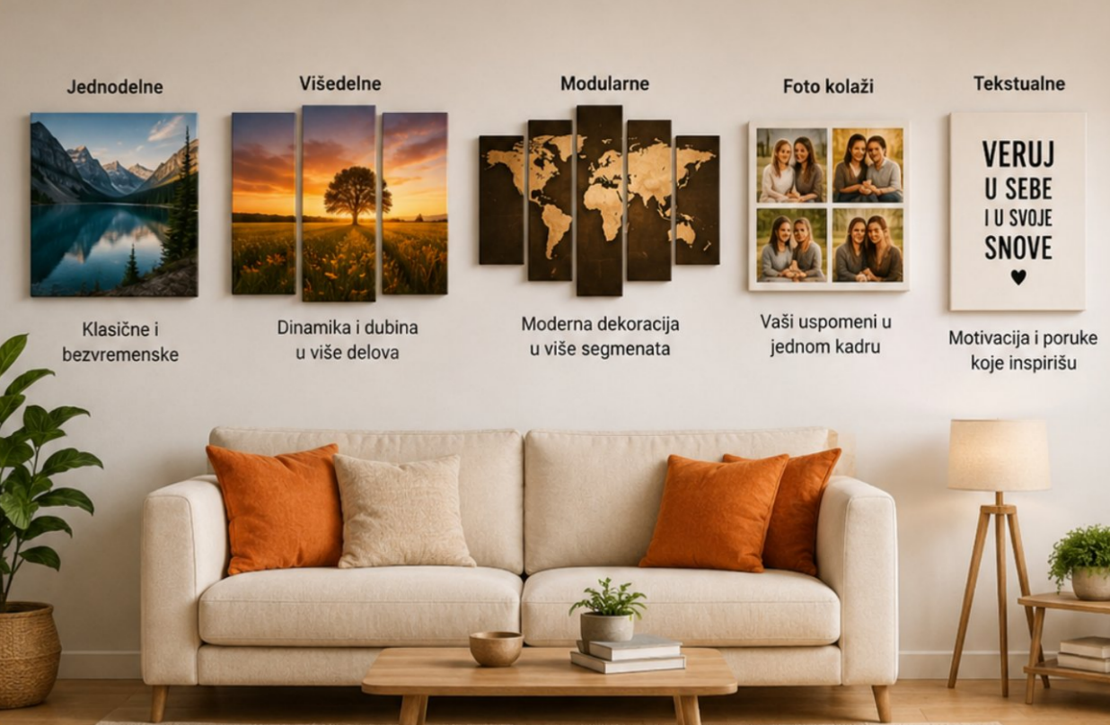 Petodelna slika na platnu — panorama grada na zidu dnevne sobe